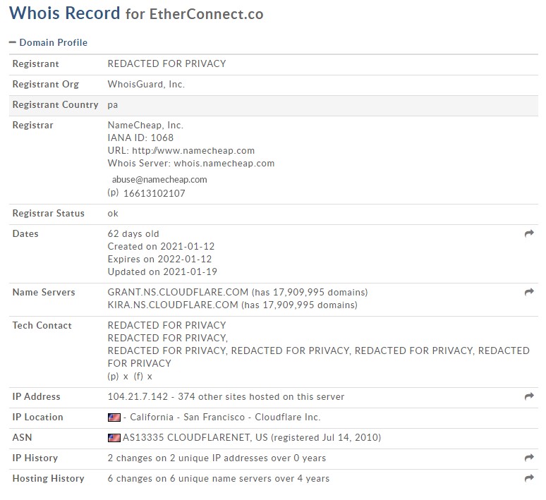 etherconnect domain whois record