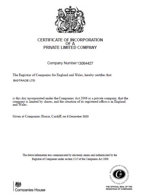 Big Trade LTD UK certificate