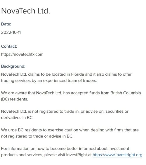NovaTech FX Fraud Warning BCSC