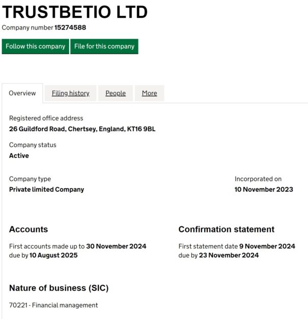 Trustbetio LTD UK incorporation
